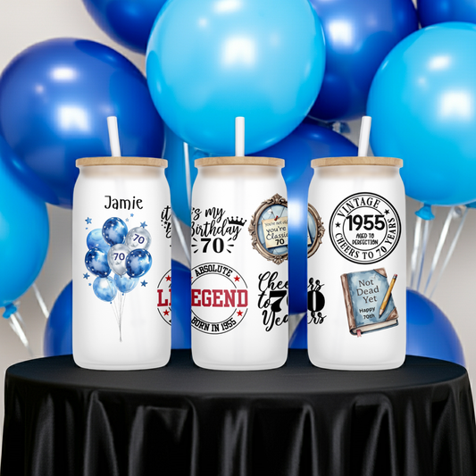Personalised Frosted Glass Tumbler - 70th Birthday Blue Design