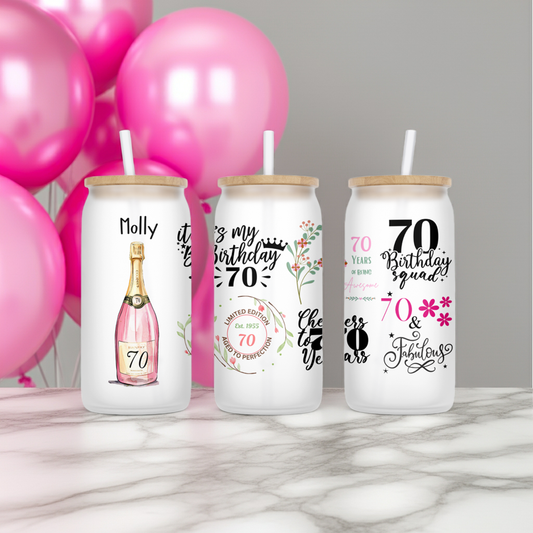 Personalised Frosted Glass Tumbler - 70th Birthday Pink Design