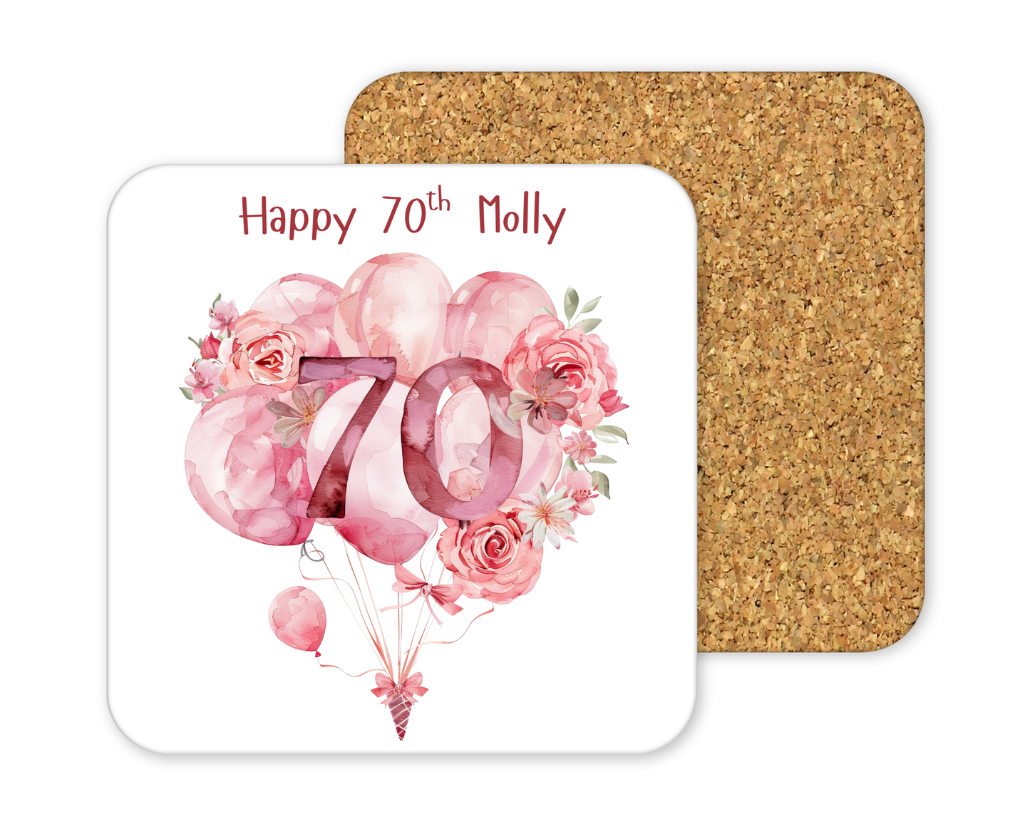 Personalised Drinks Coaster - 70th Birthday Pink Balloons Design