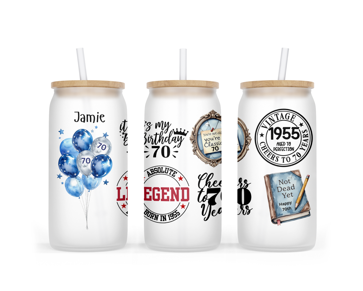 Personalised Frosted Glass Tumbler - 70th Birthday Blue Design