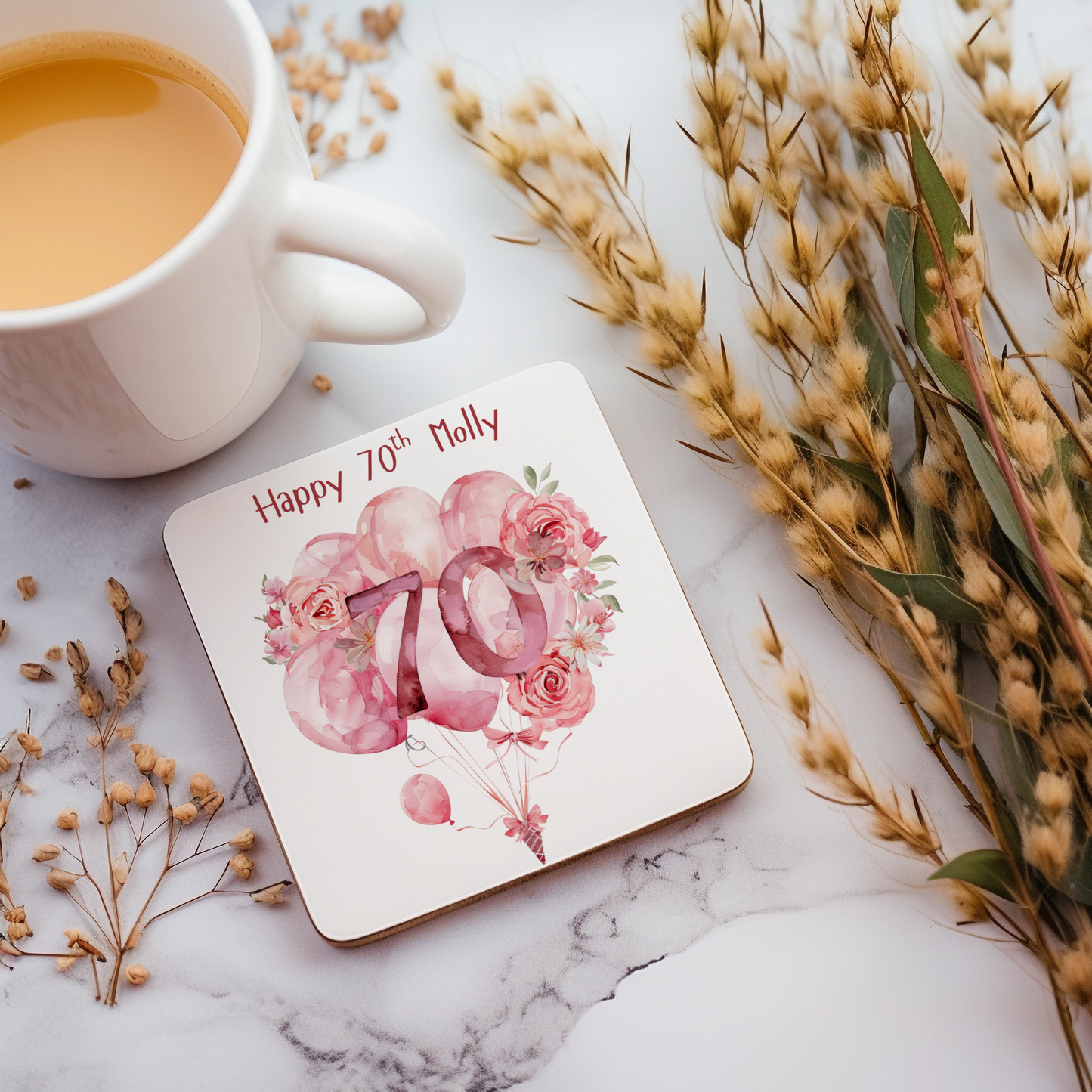Personalised Drinks Coaster - 70th Birthday Pink Balloons Design