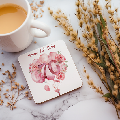 Personalised Drinks Coaster - 70th Birthday Pink Balloons Design