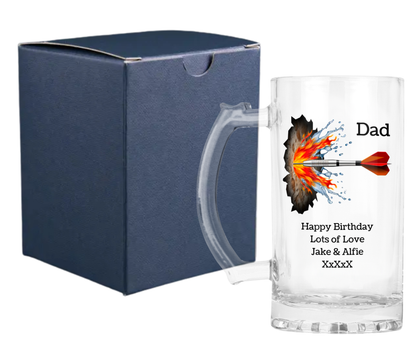 Personalised Clear Glass Beer Tankard Mug - Darts Design