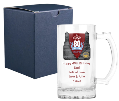 Personalised Glass Beer Tankard Mug - Belhaven 80 Shilling Beer Design