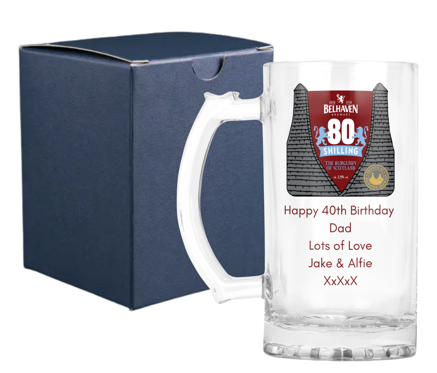 Personalised Glass Beer Tankard Mug - Belhaven 80 Shilling Beer Design