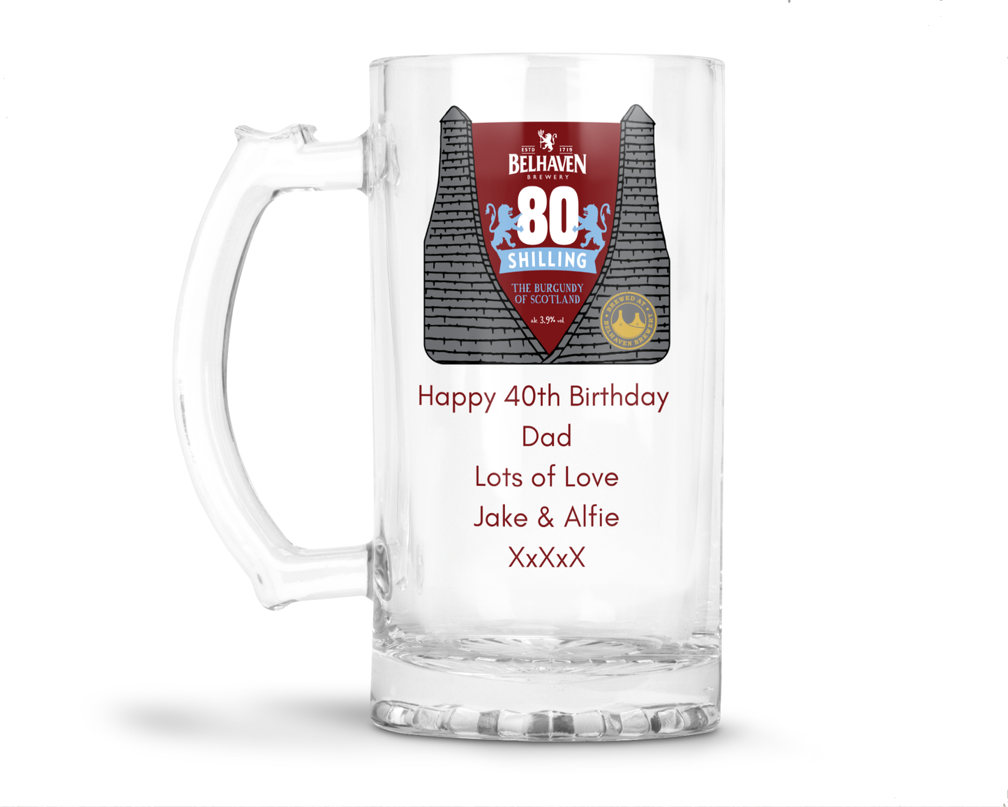 Personalised Glass Beer Tankard Mug - Belhaven 80 Shilling Beer Design
