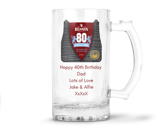 Personalised Glass Beer Tankard Mug - Belhaven 80 Shilling Beer Design