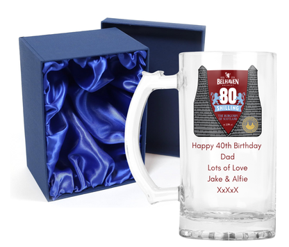 Personalised Glass Beer Tankard Mug - Belhaven 80 Shilling Beer Design