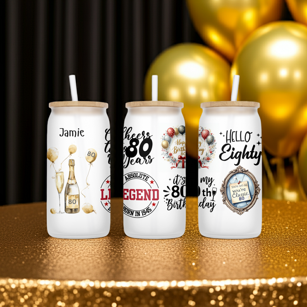 Personalised Frosted Glass Tumbler - 80th Birthday Gold Design