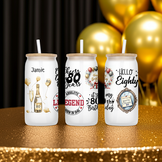 Personalised Frosted Glass Tumbler - 80th Birthday Gold Design