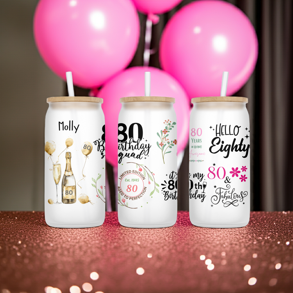 Personalised Frosted Glass Tumbler - 80th Birthday Pink Design