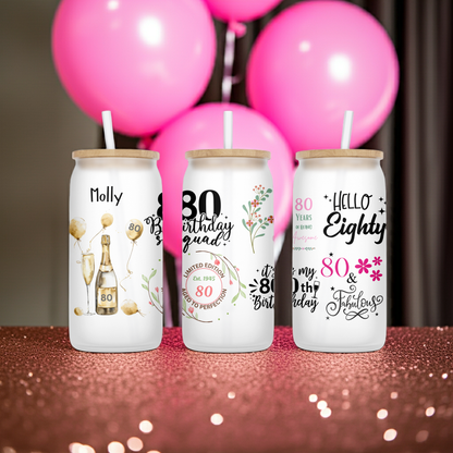 Personalised Frosted Glass Tumbler - 80th Birthday Pink Design