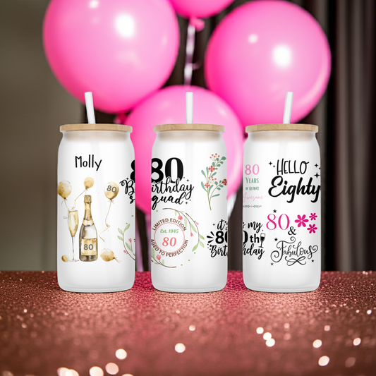 Personalised Frosted Glass Tumbler - 80th Birthday Pink Design