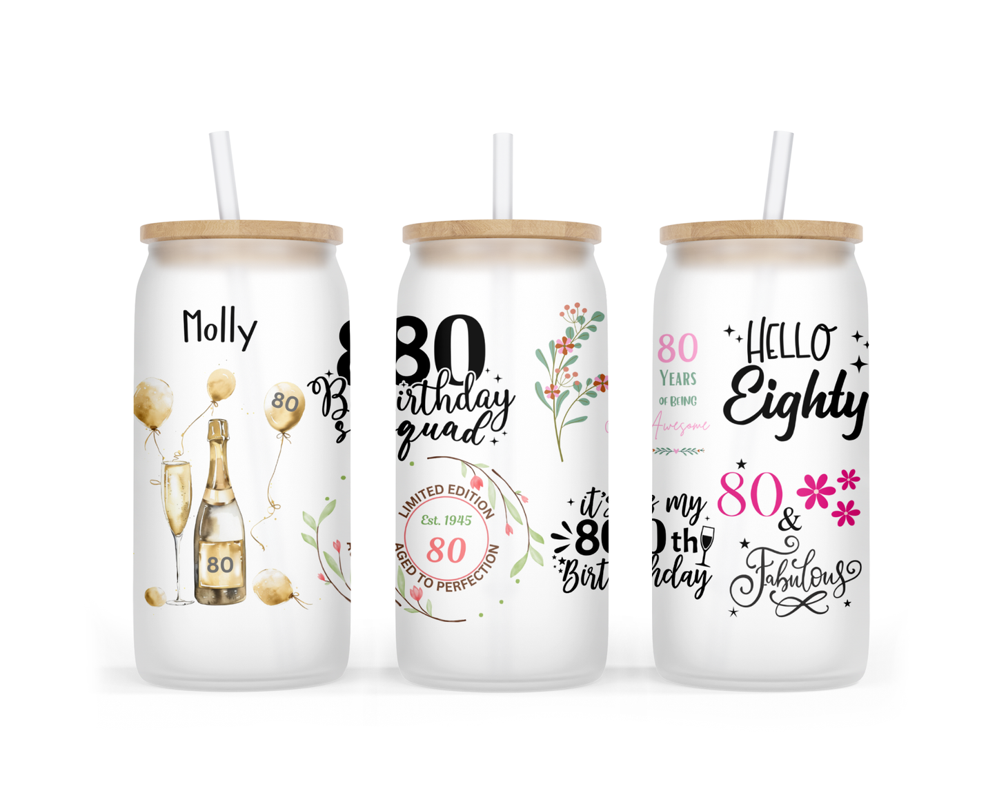 Personalised Frosted Glass Tumbler - 80th Birthday Pink Design