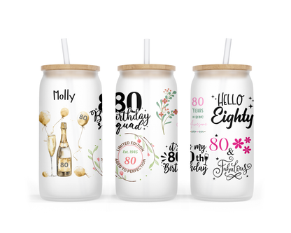 Personalised Frosted Glass Tumbler - 80th Birthday Pink Design