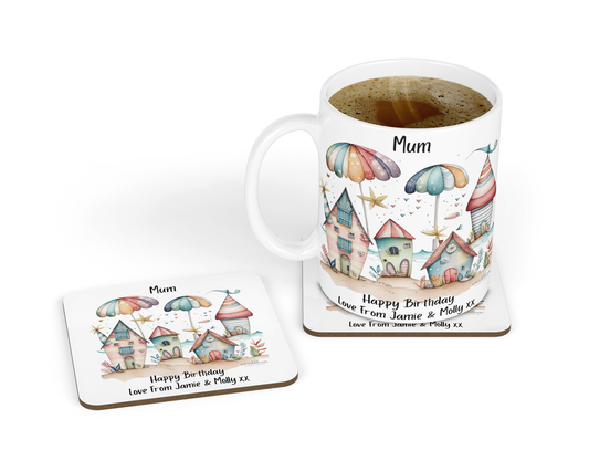 Personalised Mug & Coaster - Beach Hut & Umbrella