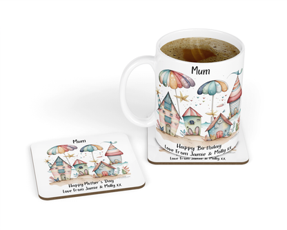 Personalised Mug & Coaster - Beach Hut & Umbrella