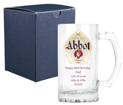 Personalised Glass Beer Tankard Mug - Greene King Abbot Ale Design