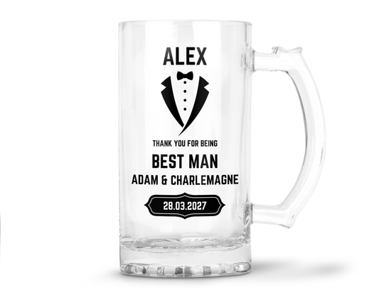Personalised Clear Glass Beer Tankard Mug - Best Man Wedding Design