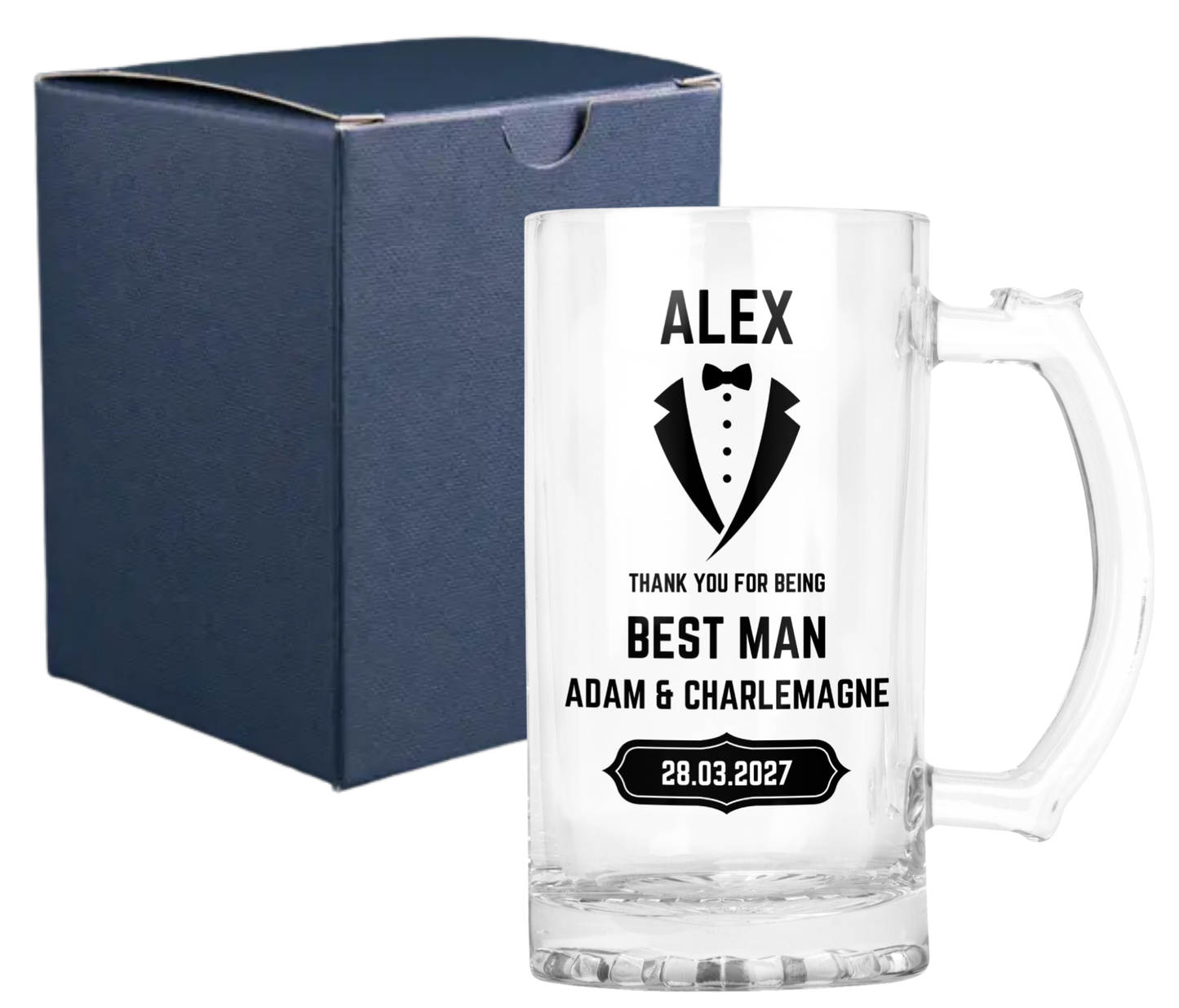 Personalised Clear Glass Beer Tankard Mug - Best Man Wedding Design