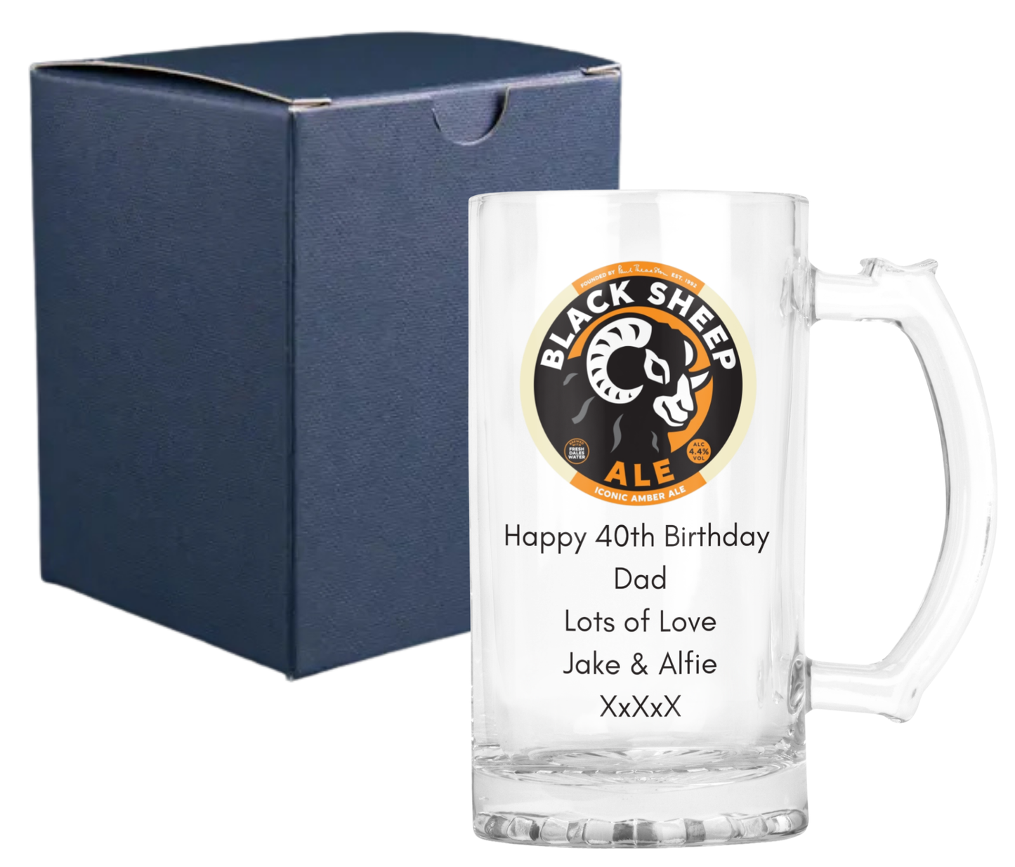 Personalised Glass Beer Tankard Mug - Black Sheep Amber Ale Design