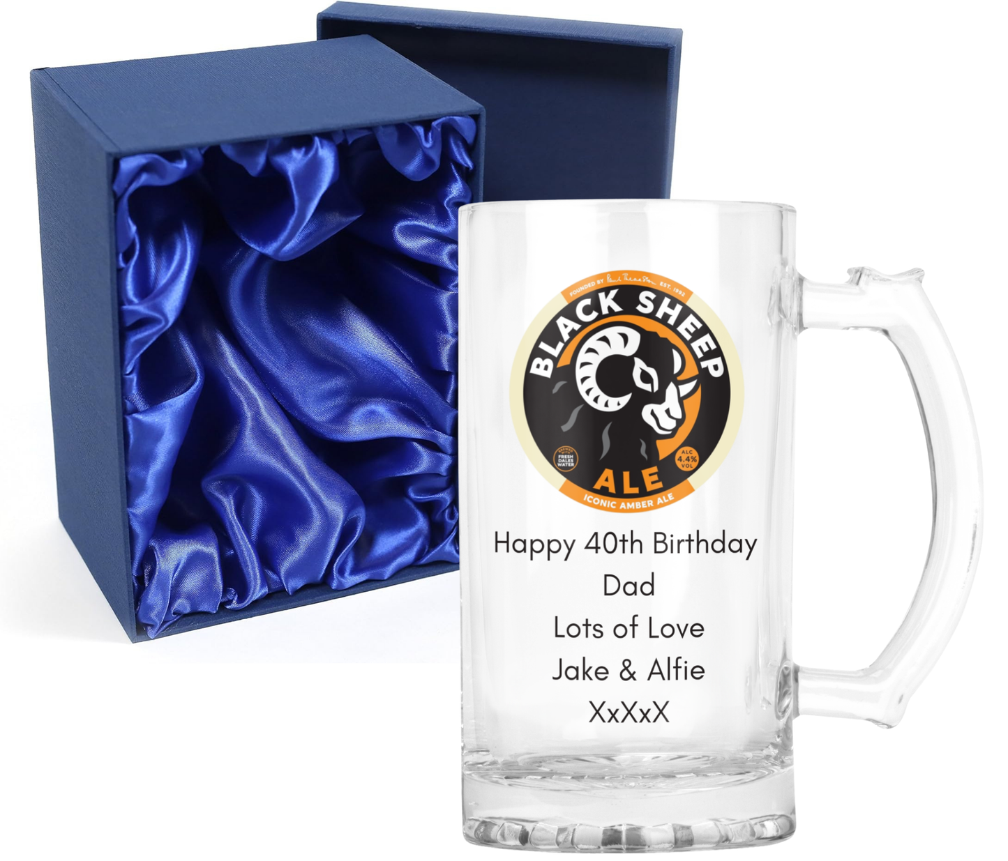 Personalised Glass Beer Tankard Mug - Black Sheep Amber Ale Design