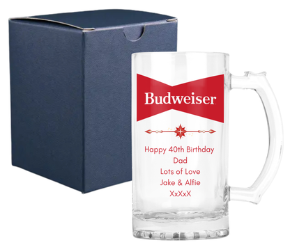 Personalised Glass Beer Tankard Mug - Budweiser Design
