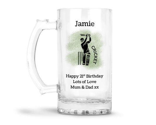 Personalised Clear Glass Tankard (0.8 Pint) - Cricket Design