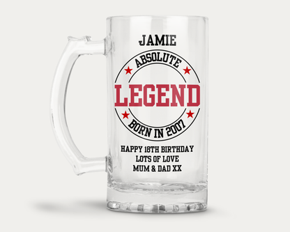 Personalised Clear Glass Tankard (0.8 Pint) - Absolute Legend Birthday Design
