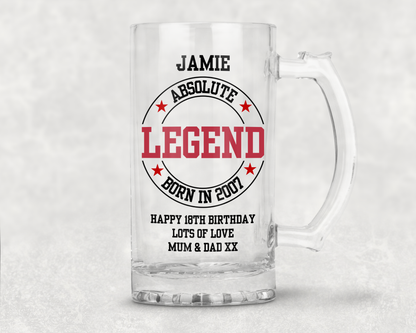 Personalised Clear Glass Tankard (0.8 Pint) - Absolute Legend Birthday Design