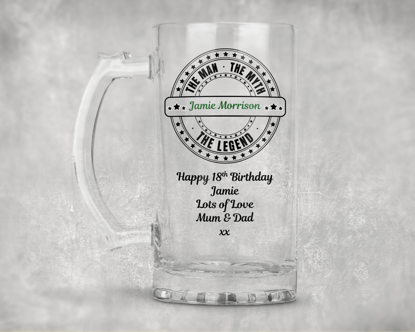 Personalised Clear Glass Beer Tankard Mug - The Man The Myth The Legend Design