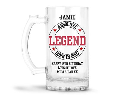 Personalised Clear Glass Tankard (0.8 Pint) - Absolute Legend Birthday Design
