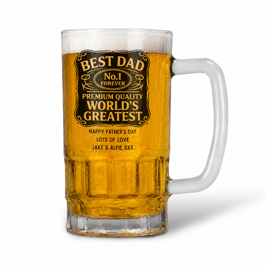 Personalised 20oz Pint Clear Glass Beer Tankard Mug - Best Dad No1 Design