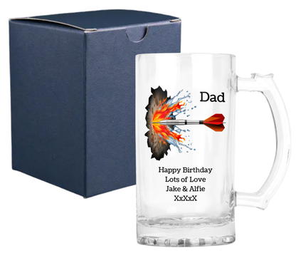 Personalised Clear Glass Beer Tankard Mug - Darts Design