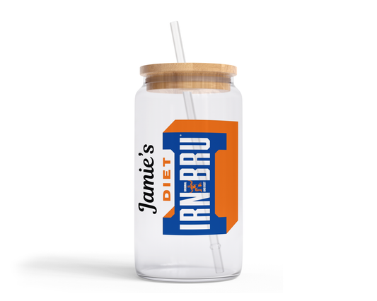 Personalised Clear Glass Tumbler with Lid & Straw - Diet Irn Bru Design