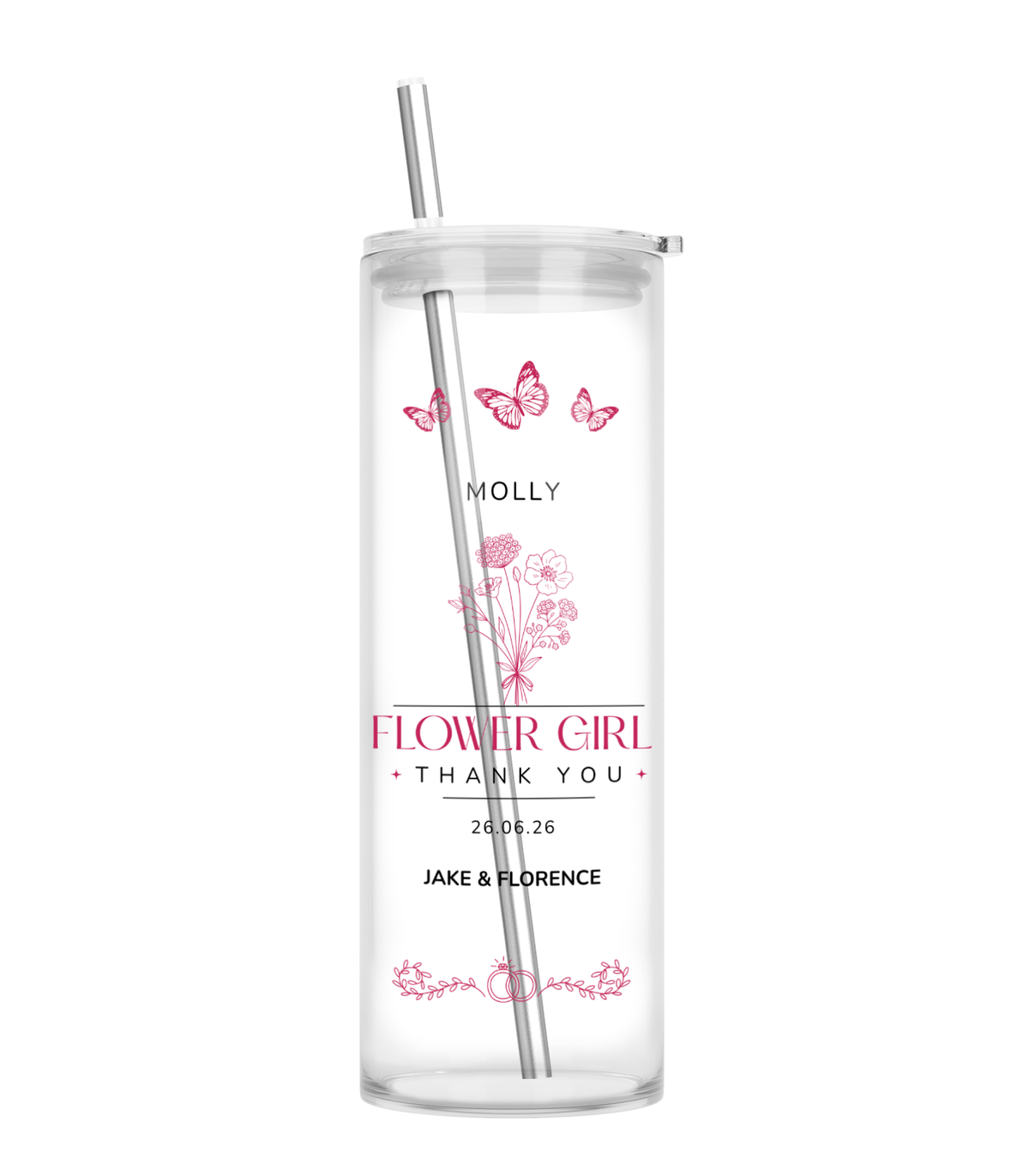 Personalised Tall Glass Tumbler - Flower Girl/Bridesmaid Wedding Design