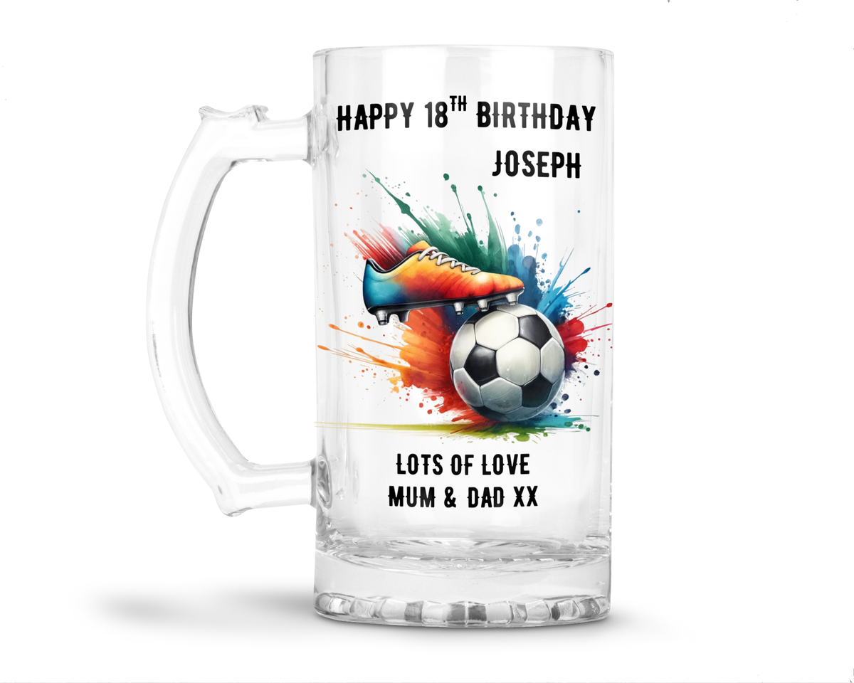 Personalised 16oz Clear Glass Tankard (0.8 Pint) - Football Boot Design