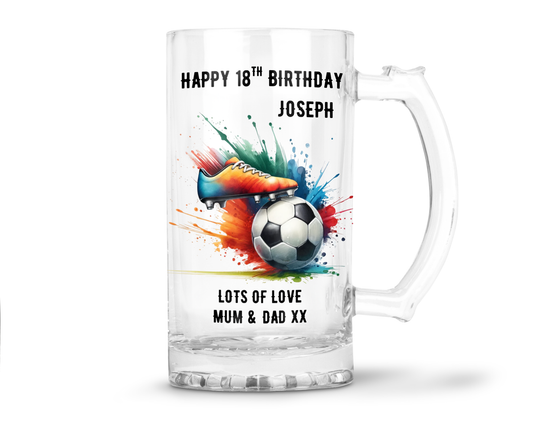 Personalised 16oz Clear Glass Tankard (0.8 Pint) - Football Boot Design