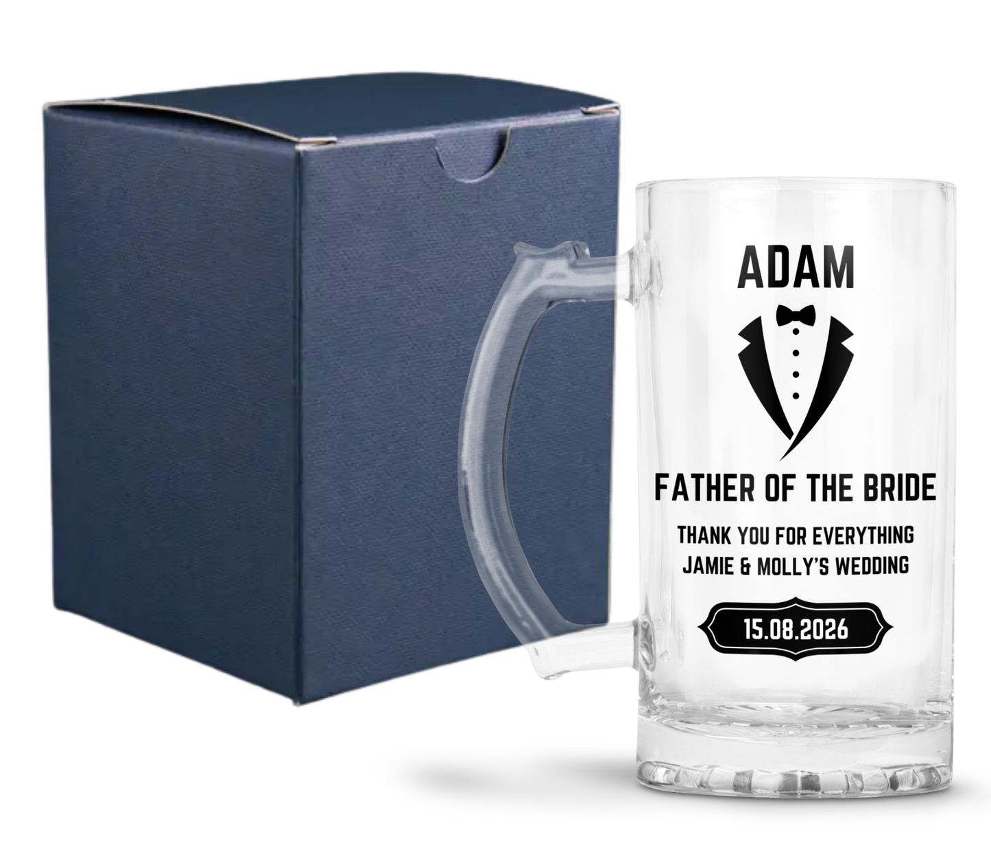 Personalised Clear Glass Beer Tankard Mug - Father of the Bride Wedding Design