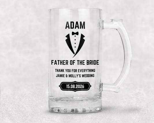 Personalised Clear Glass Beer Tankard Mug - Father of the Bride Wedding Design