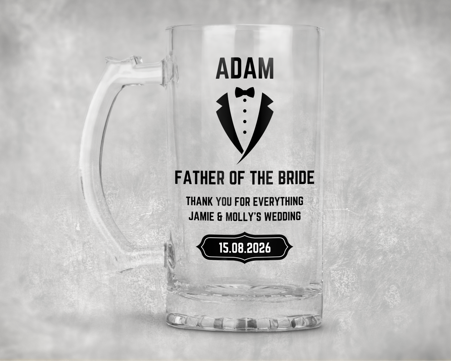 Personalised Clear Glass Beer Tankard Mug - Father of the Bride Wedding Design