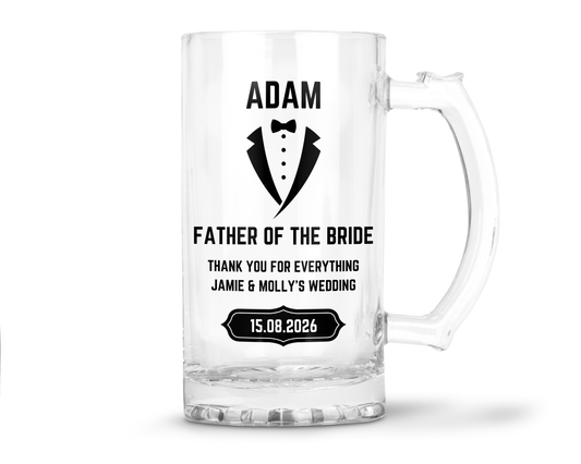 Personalised Clear Glass Beer Tankard Mug - Father of the Bride Wedding Design