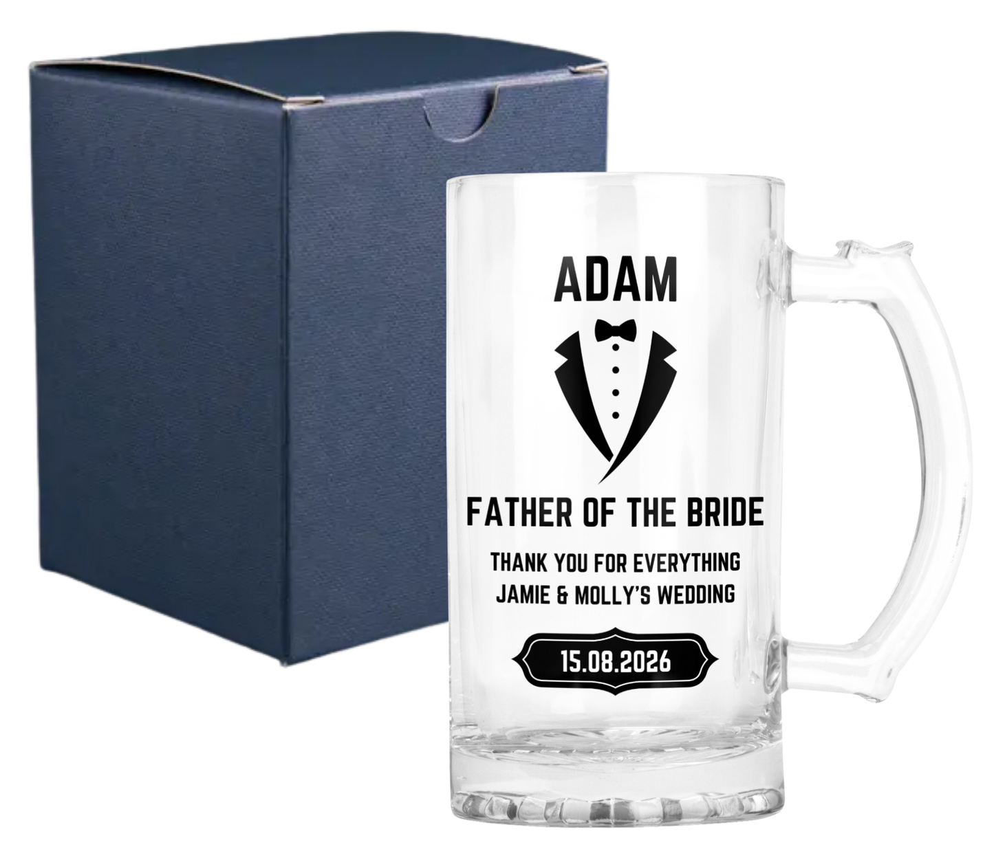 Personalised Clear Glass Beer Tankard Mug - Father of the Bride Wedding Design