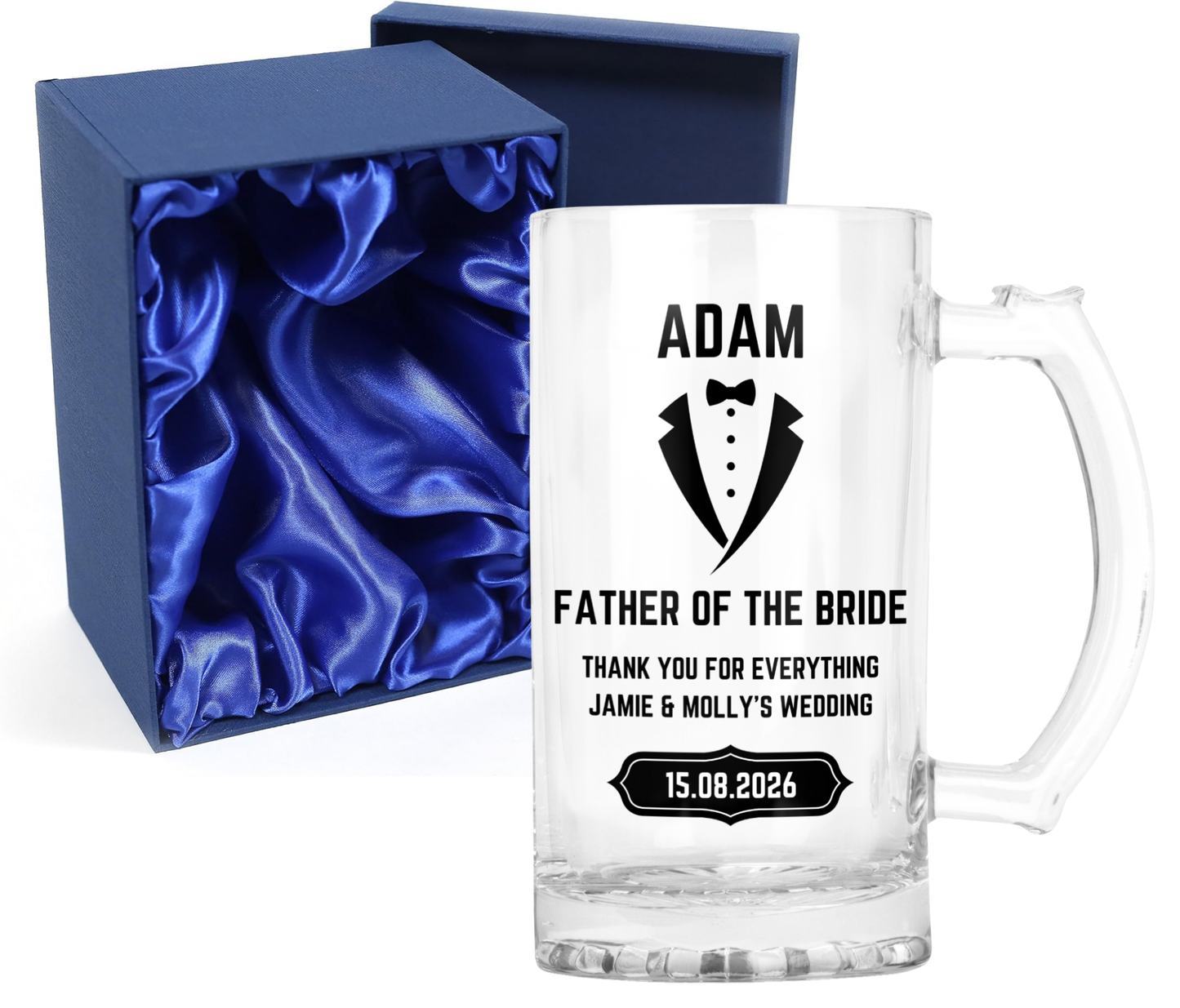 Personalised Clear Glass Beer Tankard Mug - Father of the Bride Wedding Design