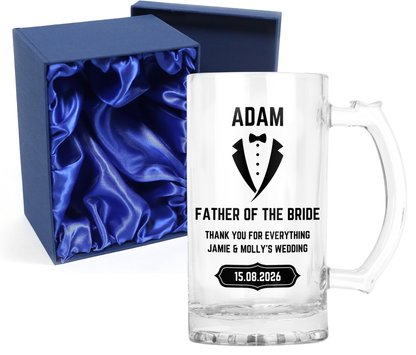 Personalised Clear Glass Beer Tankard Mug - Father of the Bride Wedding Design