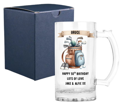 Personalised Clear Glass Beer Tankard Mug - Golf Bag Design