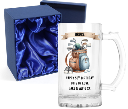 Personalised Clear Glass Beer Tankard Mug - Golf Bag Design