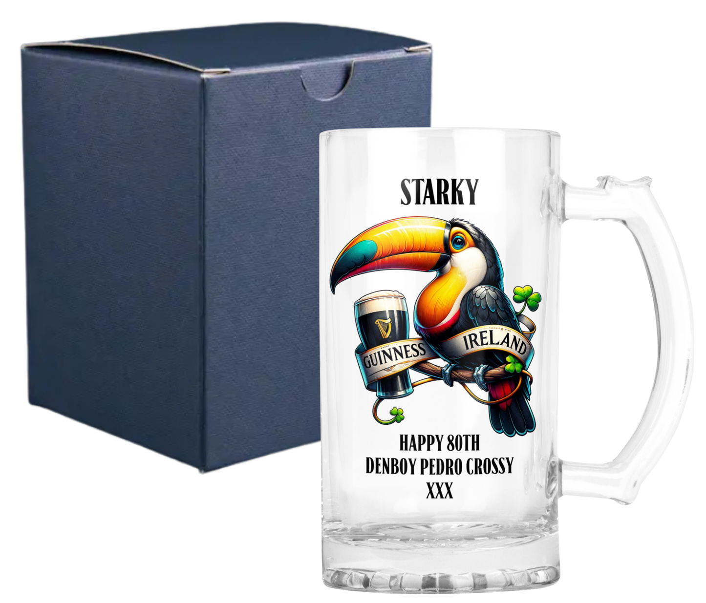 Personalised Clear Glass Beer Tankard Mug - Guinness Design