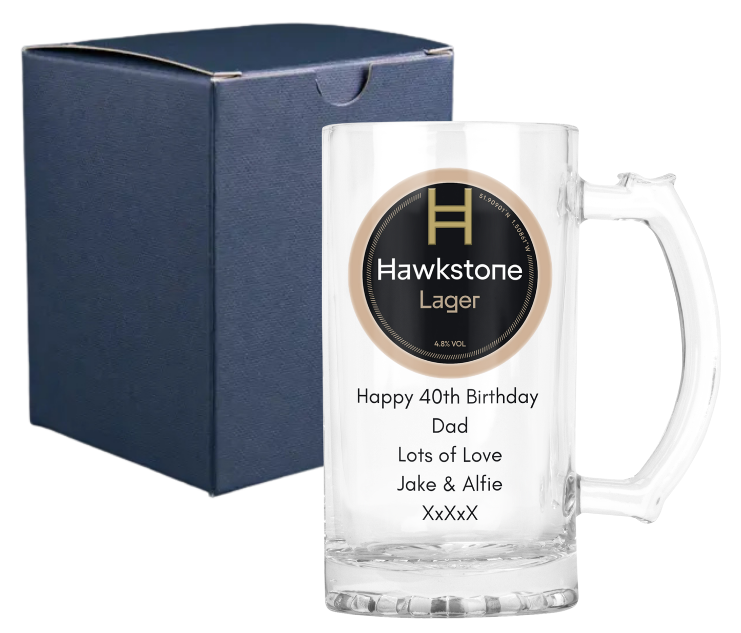 Personalised Glass Beer Tankard Mug - Hawkstone Lager Design