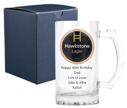 Personalised Glass Beer Tankard Mug - Hawkstone Lager Design